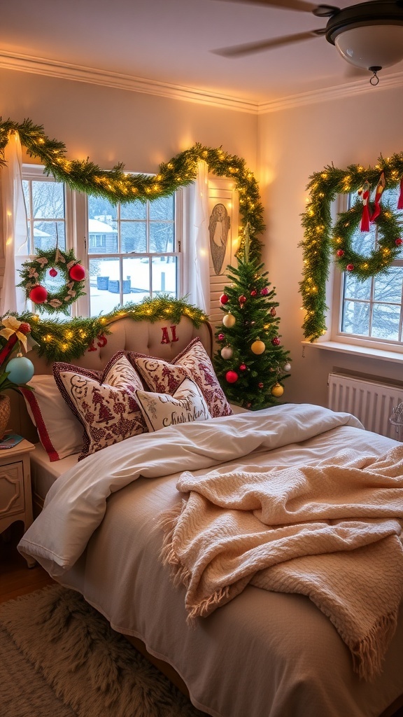 Christmas Aesthetic Bedroom Decor A cozy Christmas bedroom with festive decor, including a bed with holiday bedding, fairy lights, and a small Christmas tree.